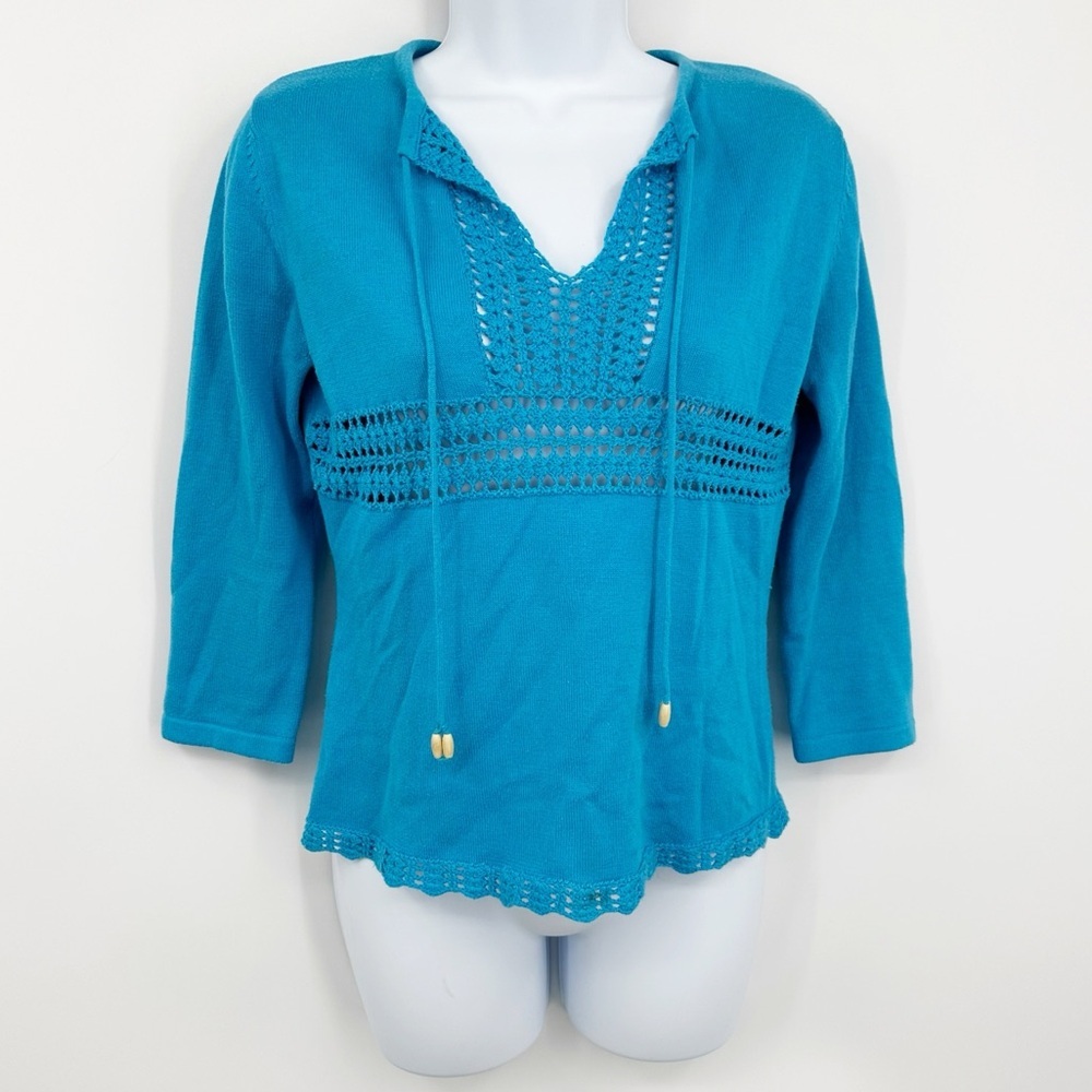 Vintage Y2K Blue Crochet Knit Shirt Size Small Whimsical Fairycore Early 2000s